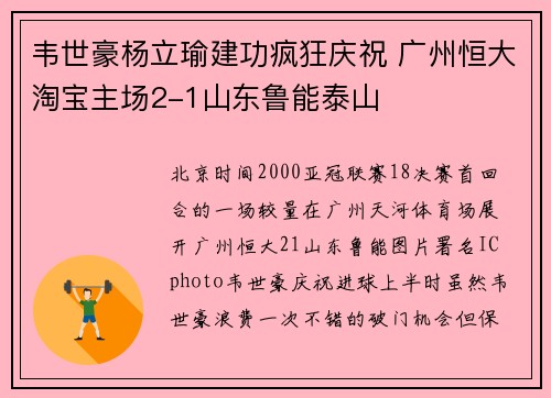韦世豪杨立瑜建功疯狂庆祝 广州恒大淘宝主场2-1山东鲁能泰山