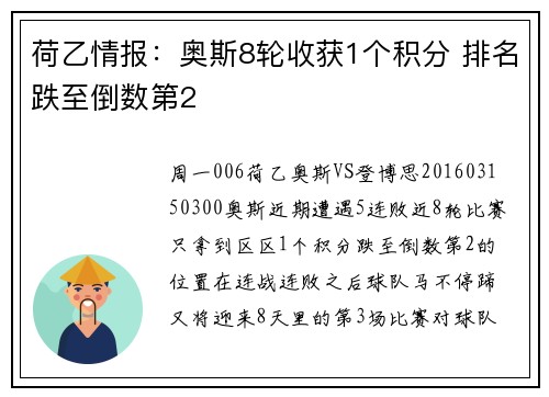荷乙情报：奥斯8轮收获1个积分 排名跌至倒数第2