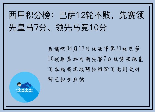 西甲积分榜：巴萨12轮不败，先赛领先皇马7分、领先马竞10分